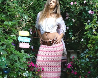 Vintage Skirt: Gorgeous Vintage Pink Crochet Long Maxi Skirt