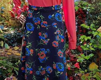 Vintage Skirt: Funky Vintage 1970s Black Orange and Blue Flower Power Handmade  A Line Maxi Skirt