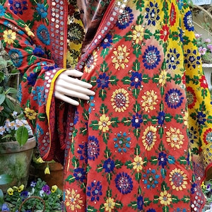 Vintage Shawl: Stunning Vintage 1970s Red and Yellow Ombre Heavily Hand Embroidered and Sequin Indian Chiffon Shawl