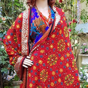 Vintage Shawl: Stunning Vintage 1970s Bright Red Heavily Hand Embroidered and Sequin Floral Indian Chiffon Shawl