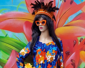 UK 10 (US 6) Gorgeous Vintage 1960's /1970s Psychedelic Blue Orange Red White Abstract Flower Power Maxi Dress by Jeannie