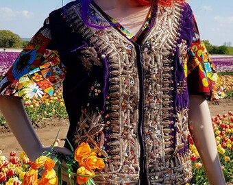 Vintage Waistcoat: Gorgeous Antique / Vintage Afghan Tribal Pashtun Dark Purple Velvet Embroidered, Sequin and Beaded Waistcoat