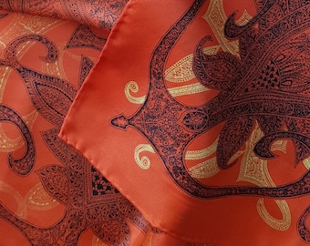 Écharpe pour dames : belle écharpe carrée en soie à motif abstrait orange et roux vintage