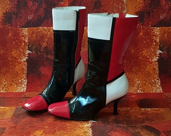 Vintage Boots: Fab Vintage 1980s Black Red and White Faux Patent Leather Geometric Pattern Ankle Boots