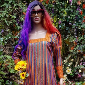 Vintage Kaftan: Funky Vintage 1970s Psychedelic Rainbow, Orange and Gold Lurex Striped and Embriodered Kaftan Dress
