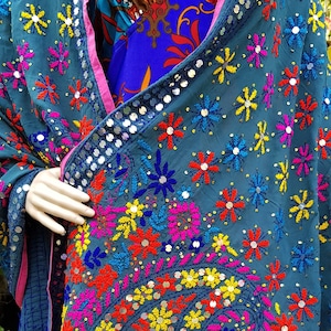 Vintage Shawl: Outstanding Vintage Dark Teal Blue/Green Heavily Hand Embroidered and Sequin Floral and Paisley Indian Chiffon Shawl