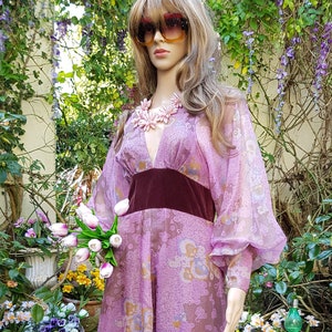 UK 8/10 US 4/6 Amazing Vintage 70's Quad Purple Iridescent Floral Organza and Velvet Maxi Dress with Balloon/Poet/Bishop Sleeves image 2