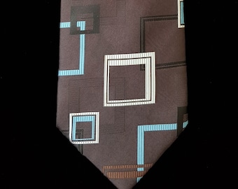 Vintage Men's Tie: Groovy Vintage 1970s Brown Blue Cream and Black Abstract Geometric Pattern Mens Tie