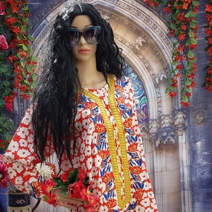 Vintage Kaftan: Funky Vintage 1970s Handmade Red, White and Blue Embroidered and Sequin Floral Flower Power Kaftan