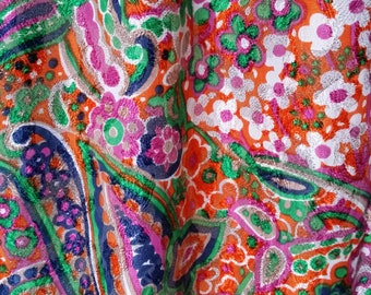 Vintage Skirt: Gorgeous Vintage 1970s Psychedelic Pink, Red and Multicoloured Paisley with Gold Shimmer Maxi Skirt 