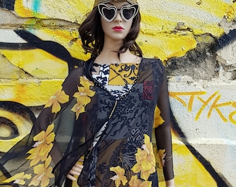 Vintage Shawl: Stunning Vintage Black and Yellow Pure Silk Chiffon Orchid Evening Cape / Shawl / Shrug / Poncho