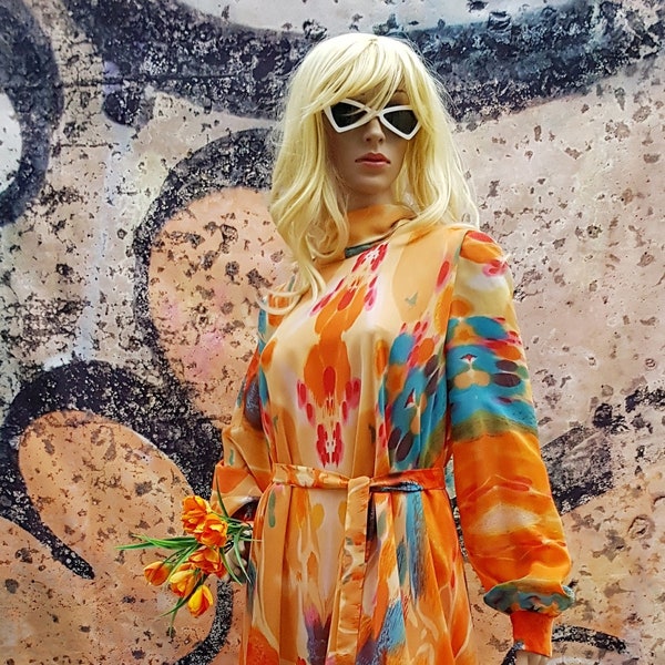 UK 12/14 (US 8/10) In Restoration - Epic Vintage 1960s / 1970s Orange Pink Aqua Blue Layered Ruffled Maxi Dress by Brenda Ring