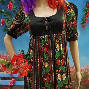 UK 8 US 4 Lovely Vintage 1970s Lace Up Front Black Red Green Orange Prairie Maxi Dress by Richard Shops image 1