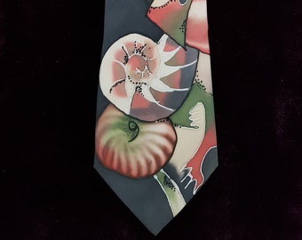 Vintage Men's Tie: Groovy Vintage 1990s Shell Fish Sea Creatures Pattern Hand Painted Pure Silk Tie by Miron