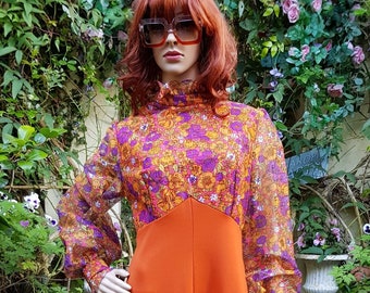 UK 14 (US 10) Bonkers Vintage 1970s Orange and Purple Flower Power Lace and Crimplene High Neck Maxi Dress with Ruffles