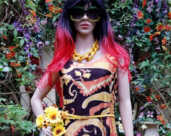 UK 12 (US 8) Stunning Vintage 1960s/1970s Psychedelic Paisley Velour Orange, Yellow and Brown Autumn Maxi Dress