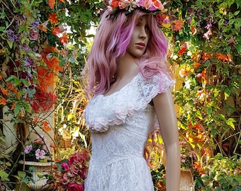 Gorgeous Vintage 1970s Lace Off The Shoulder White Maxi Dress