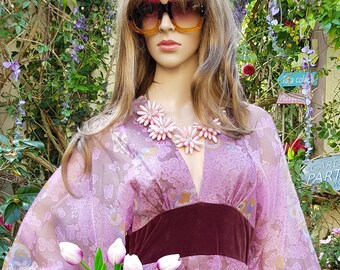 UK 8/10 (US 4/6) Amazing Vintage 70&#39;s Quad Purple Iridescent Floral Organza and Velvet Maxi Dress with Balloon/Poet/Bishop Sleeves