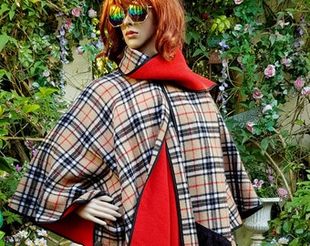 Vintage Cape: Gorgeous Vintage 1970s Brown Check Tartan Red Lined Reversible Poncho Cape Jacket