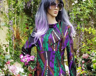 UK 14 (US 10) Funky Vintage 1960s / 1970s Psychedelic Black Purple Green Russett Abstract Pattern Maxi Dress by Philip Kunick