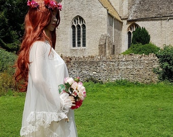 Stunning Vintage 1970s Ivory Cream Net Maxi Dress by House of Nicholas with Ruffles Angel Sleeves