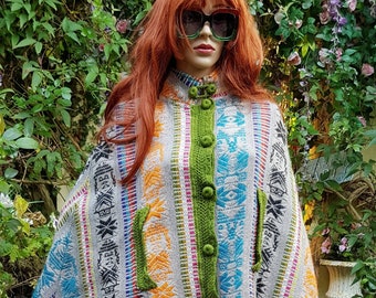 Vintage Cape: Gorgeous Vintage 1960s/70s Multicoloured Woven Tapestry and Crochet Poncho / Cape