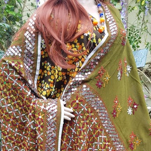 Vintage Shawl: Gorgeous Vintage Olive Green and Orange Hand Embroidered and Sequin Floral Indian Georgette Chiffon Shawl