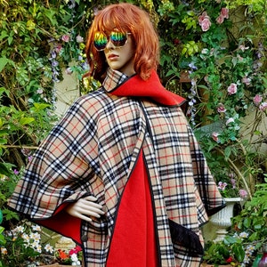 Vintage Cape: Gorgeous Vintage 1970s Brown Check Tartan Red Lined Reversible Poncho Cape Jacket image 1