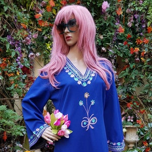 Vintage Kaftan: Amazing Vintage 1970s Handmade Dark Blue, Pink Floral Embroidery Crimplene Kaftan Maxi Dress with Flared Sleeves