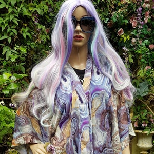 UK 10 US 6 Lovely Vintage Blue, Purple, Orange, Brown Sheer Chiffon Kimono Style Summer Jacket/Top image 1