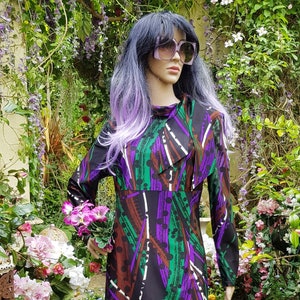 UK 14 (US 10) Funky Vintage 1960s / 1970s Psychedelic Black Purple Green Russett Abstract Pattern Maxi Dress by Philip Kunick