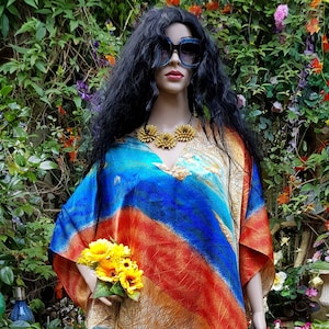 Fabulous Plus Size Vintage 1980s Multicoloured Blue, Orange, Turquoise and Brown Silky Polyester Satin Kaftan Maxi Dress