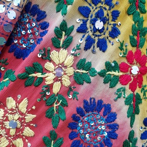Vintage Shawl: Stunning Vintage 1970s Red and Yellow Ombre Heavily Hand Embroidered and Sequin Indian Chiffon Shawl