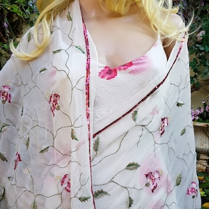 Vintage Shawl: Lovely Vintage 1990s White and Pink Embroidered and Sequin Silk Chiffon Shawl / Scarf