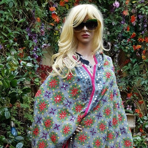 Vintage Shawl: Beautiful Vintage Grey, Red, Green, Yellow and Pink Floral Embroidered and Sequin Chiffon Indian Shawl