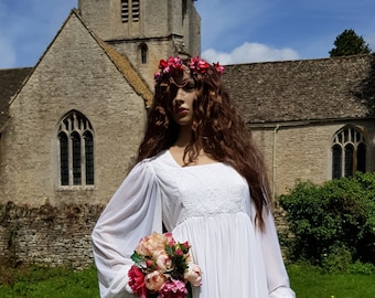 Outstanding Vintage 1970s QUAD White Net and Lace Angel Sleeve Wedding Dress / Maxi Dress