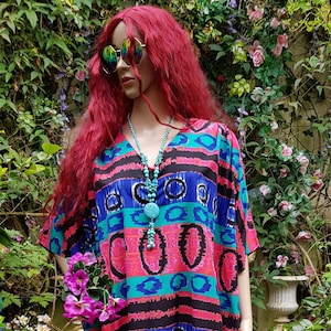 Vintage Kaftan: Stunning Vintage 1970s Psychedelic Blue, Pink and Turquoise Cotton Abstract Print Kaftan By John Neville