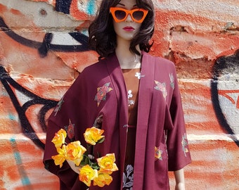 Vintage Kimono: Lovely Dark Burgundy 1970s Vintage Japanese Kimono Haori Jacket with Floral Pattern