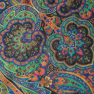 Ladies Scarf: Groovy Vintage 1970s Black and Multicoloured Abstract and Paisley Pattern Square Head Scarf