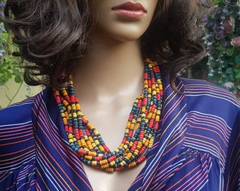 Vintage Necklace: Vintage Red Orange Yellow Green and Blue Painted Multistrand Wood Bead Necklace