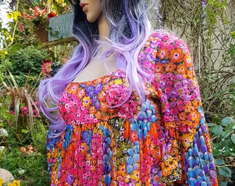 UK 10 (US 6) Amazing Vintage 1970s QUAD Rainbow Floral Flower Power Maxi Dress with Flared Angel Sleeves