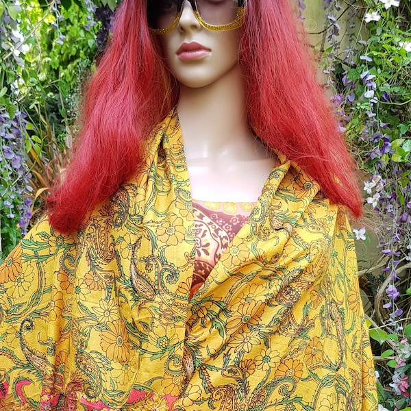 Vintage Shawl: Beautiful Vintage 1970s Saffron Yellow, Red, Pink, Orange and Green Pure Silk Embroidered and Beaded Dupatta Shawl