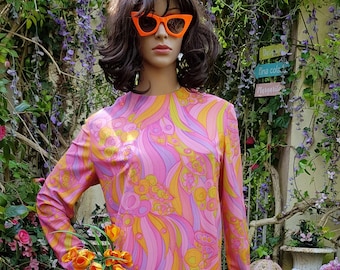 UK 14 (US 10) Funky Vintage 1960s Psychedelic Pink, Purple and Orange Abstract Pattern Midi Mini Dress