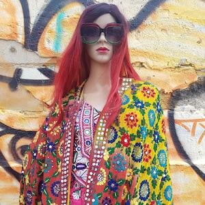 Vintage Shawl: Stunning Vintage 1970s Red and Yellow Ombre Heavily Hand Embroidered and Sequin Indian Chiffon Shawl