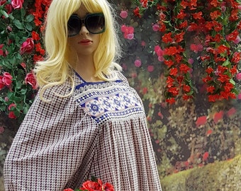 UK 6/8 (US 2/4) Fantastic Vintage 1970s Blue White Red Cotton Striped and Floral Angel Sleeve Maxi Dress with Ruffles