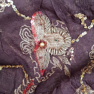 Vintage Shawl: Stunning Vintage Brown and Gold Heavily Hand Sequined Silk Chiffon Shawl with Tassels