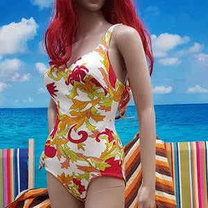 Vintage Swimsuit: Fantastic Vintage Retro 1960s / 1970s Orange White Lime Green Red Abstract Floral SwimSuit Swimming Costume by St Michael