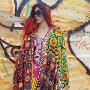 Vintage Shawl: Stunning Vintage 1970s Red and Yellow Ombre Heavily Hand Embroidered and Sequin Indian Chiffon Shawl