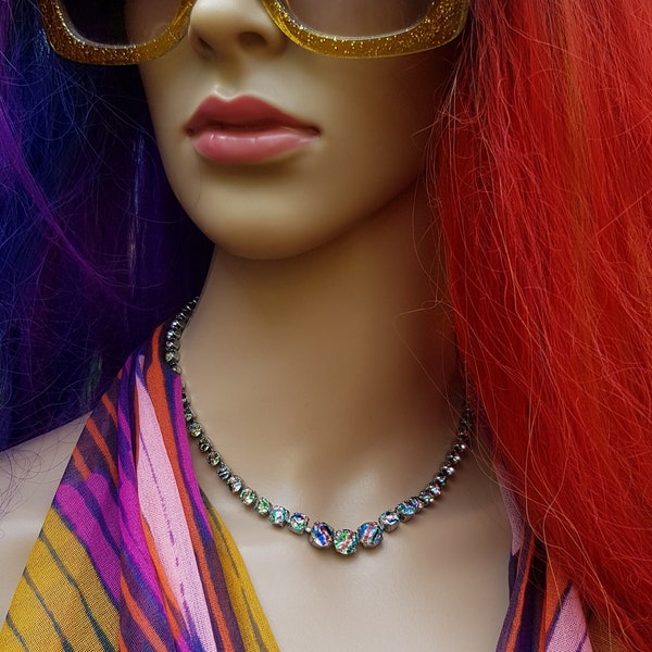 Vintage Necklace: Gorgeous Vintage 1960s / 1970s Rainbow Crystal Glass Bead Necklace and Clip On Earrings