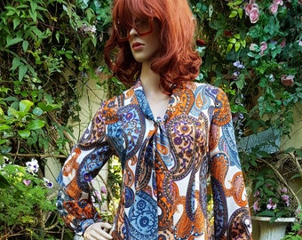 UK 12 (US 8) Prachtige Vintage 1960s - 1970s Oranje, Bruin en Blauw Psychedelische Paisley Patroon Maxi Jurk met Pussybow